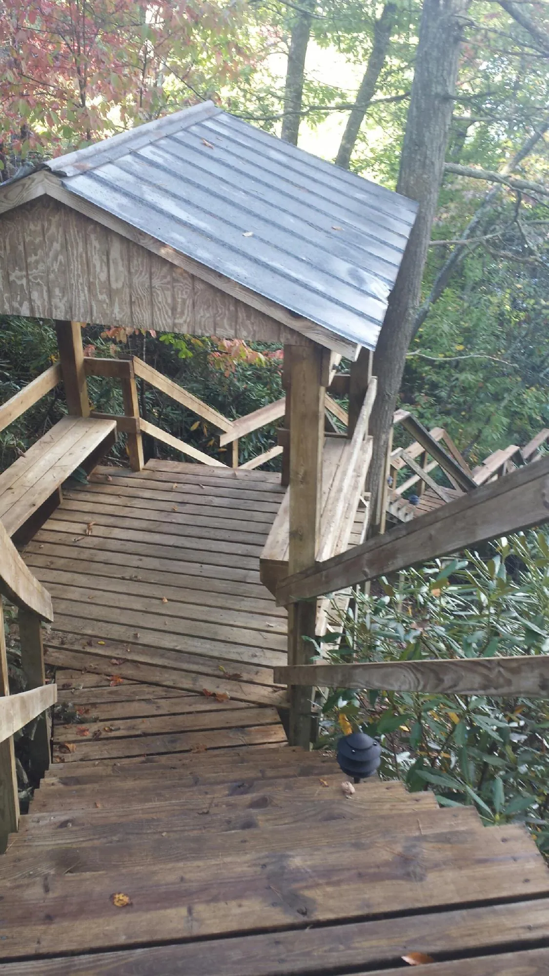 Metal roofed shelter over wooden steps on a wooded walkway — Skylight Repair & Installation work by our crew in Rosemont
